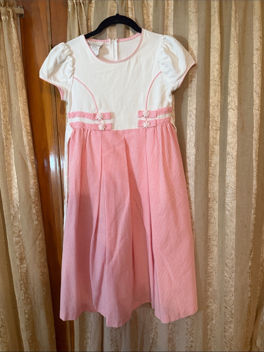 Bonnie Jean White and Pink Gingham Puff Sleeve Dress with Bow Accents